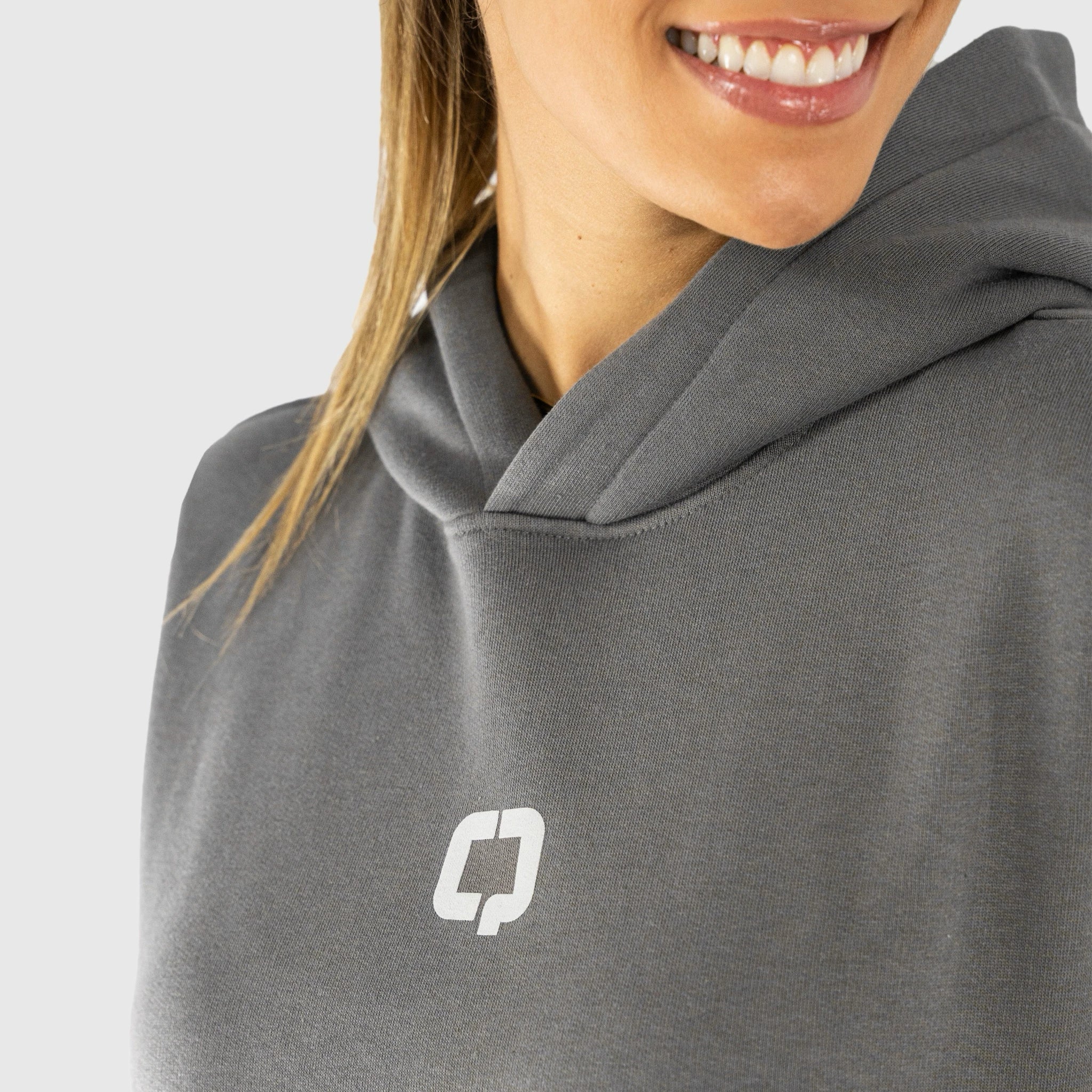 QUAD Stylish Hoodie Grey Women front logo detail